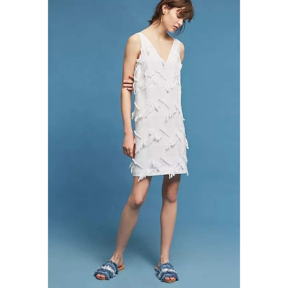 Maeve Anthropologie White‎ Fringework V-Neck Shift Mini Dress 00P Petite Bridal